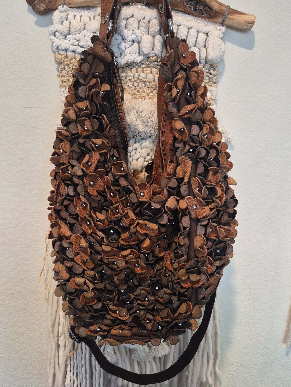 Boho 3D Leather Studded Flower Petal Hobo Crossbody Bag, Double Zipper Closure - Picture 5 of 15